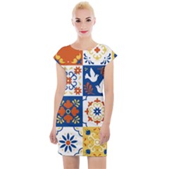 Mexican-talavera-pattern-ceramic-tiles-with-flower-leaves-bird-ornaments-traditional-majolica-style- Cap Sleeve Bodycon Dress by uniart180623