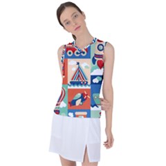 Toy-transport-cartoon-seamless-pattern-with-airplane-aerostat-sail-yacht-vector-illustration Women s Sleeveless Sports Top by uniart180623