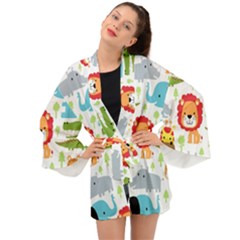 Seamless-pattern-vector-with-animals-cartoon Long Sleeve Kimono by uniart180623