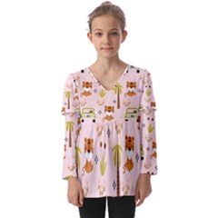 Cute-tiger-car-safari-seamless-pattern Kids  V Neck Casual Top by uniart180623