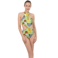 Seamless-pattern-vector-with-animals-wildlife-cartoon Halter Side Cut Swimsuit by uniart180623