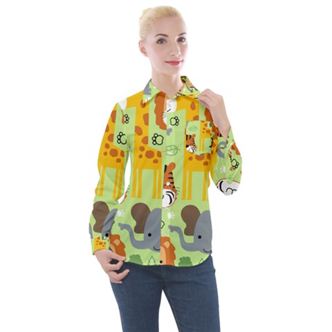 Seamless-pattern-vector-with-animals-wildlife-cartoon Women s Long Sleeve Pocket Shirt by uniart180623