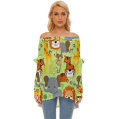 Seamless-pattern-vector-with-animals-wildlife-cartoon Off Shoulder Chiffon Pocket Shirt by uniart180623