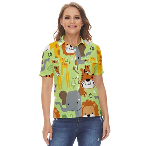 Seamless-pattern-vector-with-animals-wildlife-cartoon Women s Short Sleeve Double Pocket Shirt by uniart180623