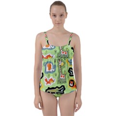 Seamless-pattern-with-wildlife-animals-cartoon Twist Front Tankini Set