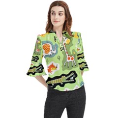 Seamless-pattern-with-wildlife-animals-cartoon Loose Horn Sleeve Chiffon Blouse