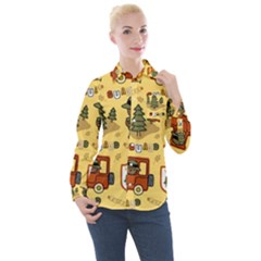 Seamless-pattern-funny-ranger-cartoon Women s Long Sleeve Pocket Shirt