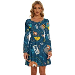 Seamless-pattern-vector-submarine-with-sea-animals-cartoon Long Sleeve Wide Neck Velvet Dress