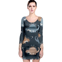 Dino Art Pattern Design Wallpaper Background Long Sleeve Bodycon Dress by uniart180623