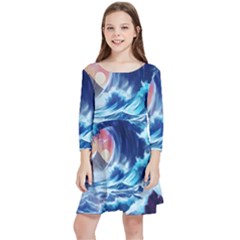 Storm Tsunami Waves Ocean Sea Nautical Nature Kids  Quarter Sleeve Skater Dress by uniart180623