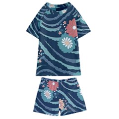 Waves Flowers Pattern Water Floral Minimalist Kids  Swim Tee And Shorts Set by uniart180623