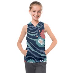 Waves Flowers Pattern Water Floral Minimalist Kids  Sleeveless Hoodie by uniart180623