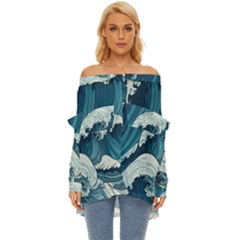 Waves Ocean Sea Pattern Water Tsunami Rough Seas Off Shoulder Chiffon Pocket Shirt by uniart180623