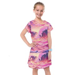 Waves Ocean Sea Tsunami Nautical Red Yellow Kids  Drop Waist Dress by uniart180623