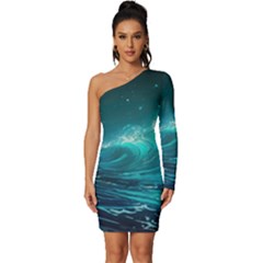 Tsunami Waves Ocean Sea Nautical Nature Water Long Sleeve One Shoulder Mini Dress by uniart180623