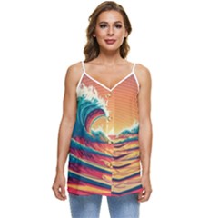 Waves Ocean Sea Tsunami Nautical Art Nature Casual Spaghetti Strap Chiffon Top by uniart180623