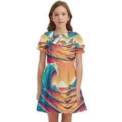 Waves Ocean Sea Tsunami Nautical Art Nature Kids  Bow Tie Puff Sleeve Dress by uniart180623