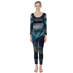 Tsunami Waves Ocean Sea Water Rough Seas Long Sleeve Catsuit by uniart180623