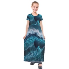 Tsunami Waves Ocean Sea Water Rough Seas Kids  Short Sleeve Maxi Dress by uniart180623