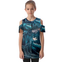 Tsunami Waves Ocean Sea Water Rough Seas Fold Over Open Sleeve Top