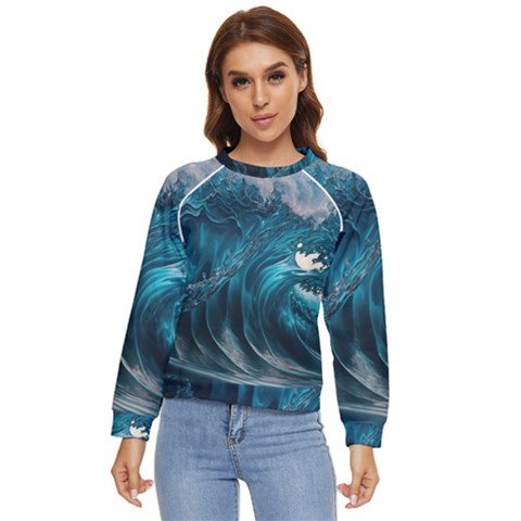 Tsunami Waves Ocean Sea Water Rough Seas Women s Long Sleeve Raglan Tee by uniart180623