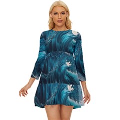 Tsunami Waves Ocean Sea Water Rough Seas Long Sleeve Babydoll Dress by uniart180623