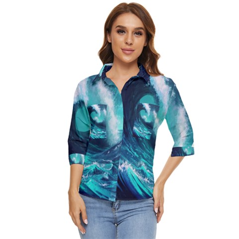 Tsunami Tidal Wave Ocean Waves Sea Nature Water Women s Quarter Sleeve Pocket Shirt by uniart180623