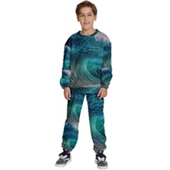 Tsunami Waves Ocean Sea Water Rough Seas Kids  Sweatshirt Set by uniart180623