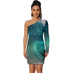 Tsunami Waves Ocean Sea Water Rough Seas Long Sleeve One Shoulder Mini Dress by uniart180623