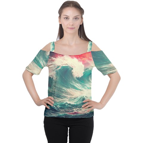 Storm Tsunami Waves Ocean Sea Nautical Nature Painting Cutout Shoulder Tee by uniart180623