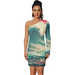 Storm Tsunami Waves Ocean Sea Nautical Nature Painting Long Sleeve One Shoulder Mini Dress by uniart180623