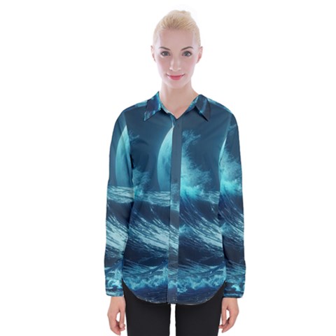 Moonlight High Tide Storm Tsunami Waves Ocean Sea Womens Long Sleeve Shirt by uniart180623