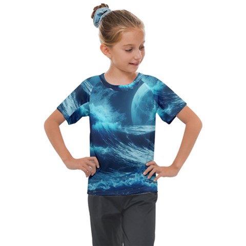 Moonlight High Tide Storm Tsunami Waves Ocean Sea Kids  Mesh Piece Tee by uniart180623