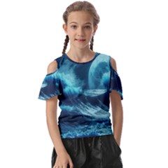 Moonlight High Tide Storm Tsunami Waves Ocean Sea Kids  Butterfly Cutout Tee by uniart180623