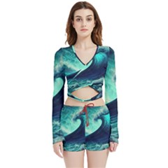 Ai Generated Waves Ocean Sea Tsunami Nautical Fantasy Velvet Wrap Crop Top And Shorts Set