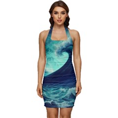 Ai Generated Waves Ocean Sea Tsunami Nautical Fantasy Sleeveless Wide Square Neckline Ruched Bodycon Dress by uniart180623