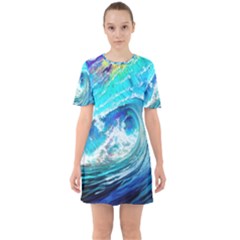 Tsunami Waves Ocean Sea Nautical Nature Water Painting Sixties Short Sleeve Mini Dress by uniart180623