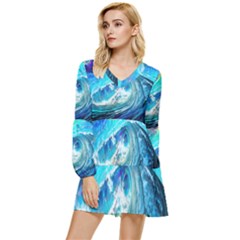 Tsunami Waves Ocean Sea Nautical Nature Water Painting Tiered Long Sleeve Mini Dress by uniart180623