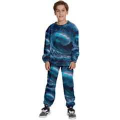 Tsunami Waves Ocean Sea Water Rough Seas Kids  Sweatshirt Set by uniart180623