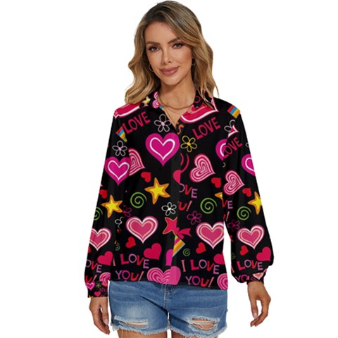 Multicolored Love Hearts Kiss Romantic Pattern Women s Long Sleeve Button Up Shirt by uniart180623