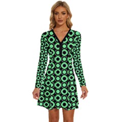 Mazipoodles Green Donuts Polka Dot Long Sleeve Deep V Mini Dress  by Mazipoodles