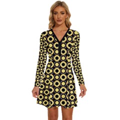  Mazipoodles Yellow Donuts Polka Dot Long Sleeve Deep V Mini Dress  by Mazipoodles