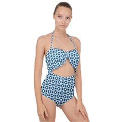 Mazipoodles Dusty Duck Egg Blue White Donuts Polka Dot Scallop Top Cut Out Swimsuit by Mazipoodles