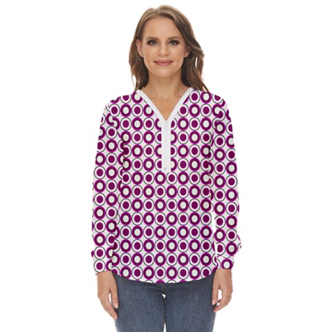 Mazipoodles Magenta White Donuts Polka Dot Zip Up Long Sleeve Blouse by Mazipoodles