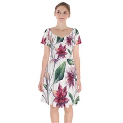 Floral Pattern Short Sleeve Bardot Dress