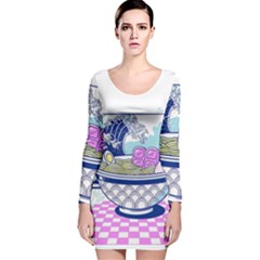 Ramen Kanji Vaporwave Artwork Minimalism Long Sleeve Velvet Bodycon Dress by Bangk1t