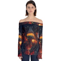 Dragon Art Fire Digital Fantasy Off Shoulder Long Sleeve Top by Celenk