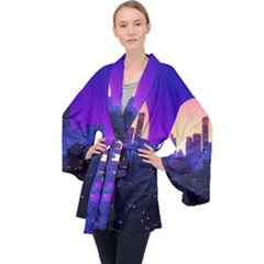 The Sun Night Music The City Background 80s, 80 s Synth Long Sleeve Velvet Kimono  by uniart180623