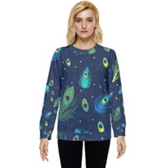 Blue Background Pattern Feather Peacock Hidden Pocket Sweatshirt by uniart180623