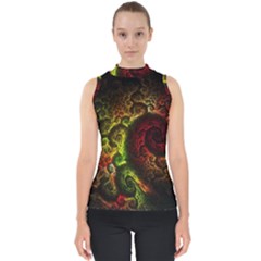 Green And Red Lights Wallpaper Fractal Digital Art Artwork Mock Neck Shell Top by uniart180623